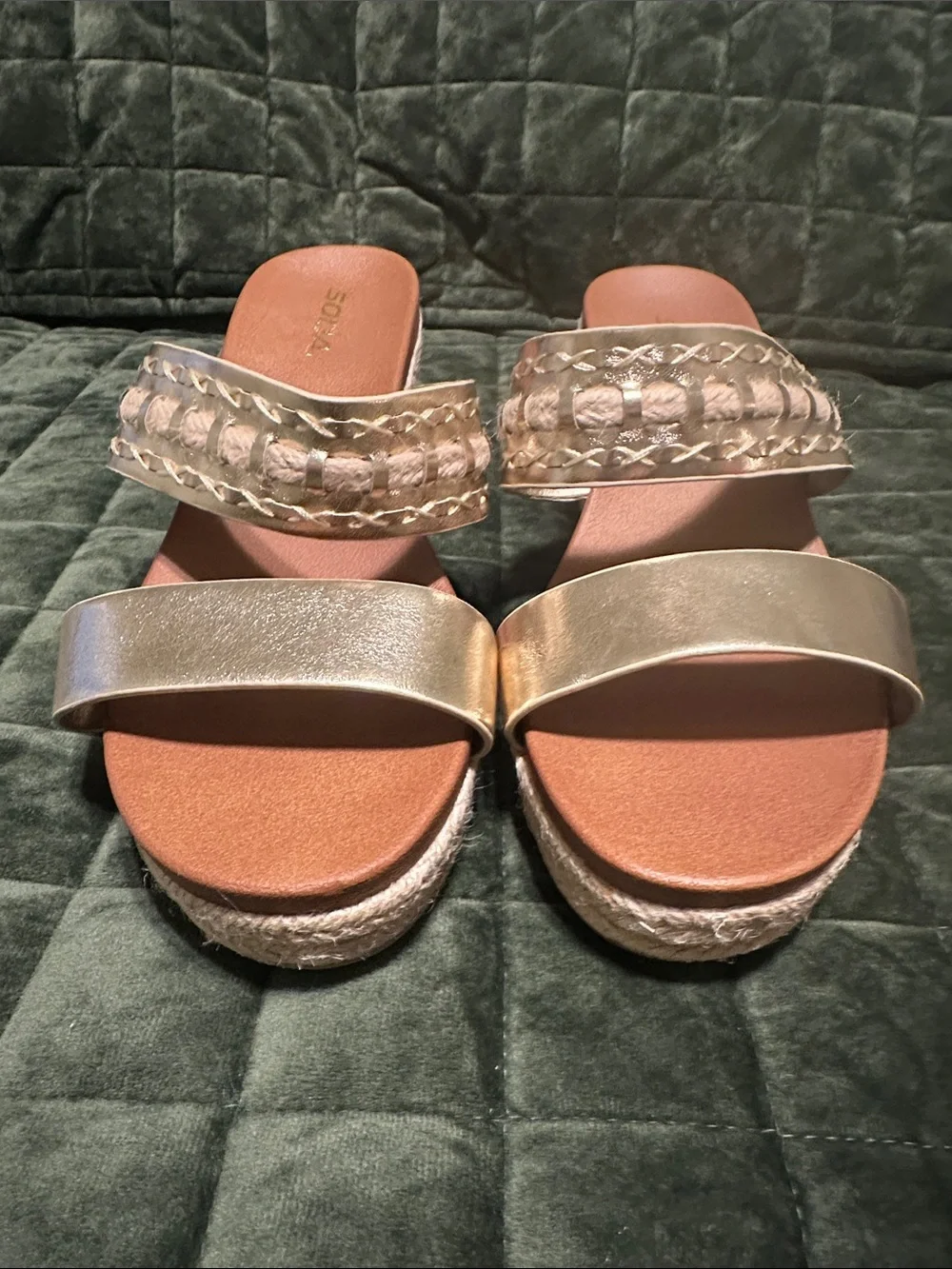 Soda Metallic Gold Braided Double-Strap Wedge Slides